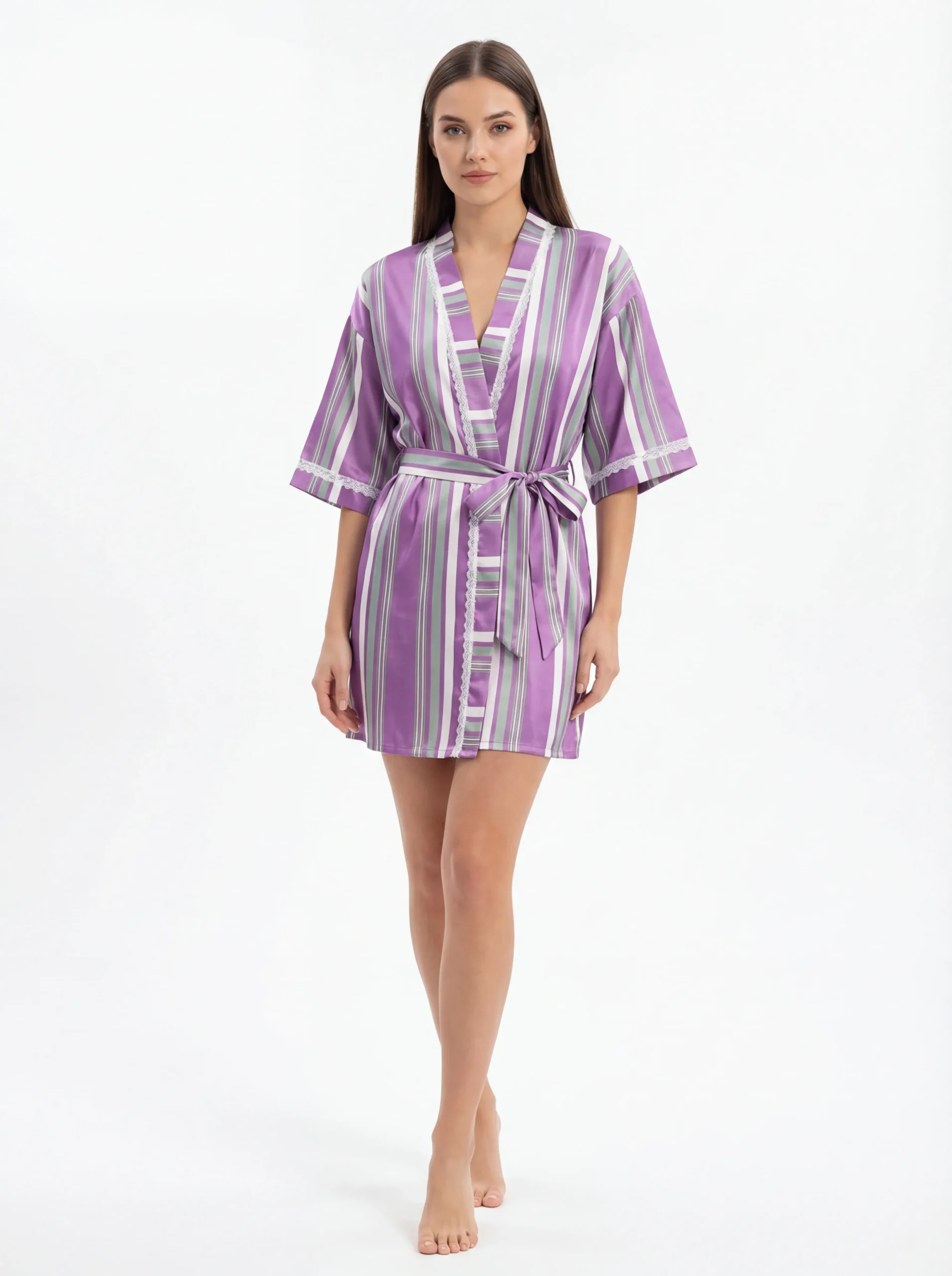 Stripe Short Satin Robe with Lace Trim