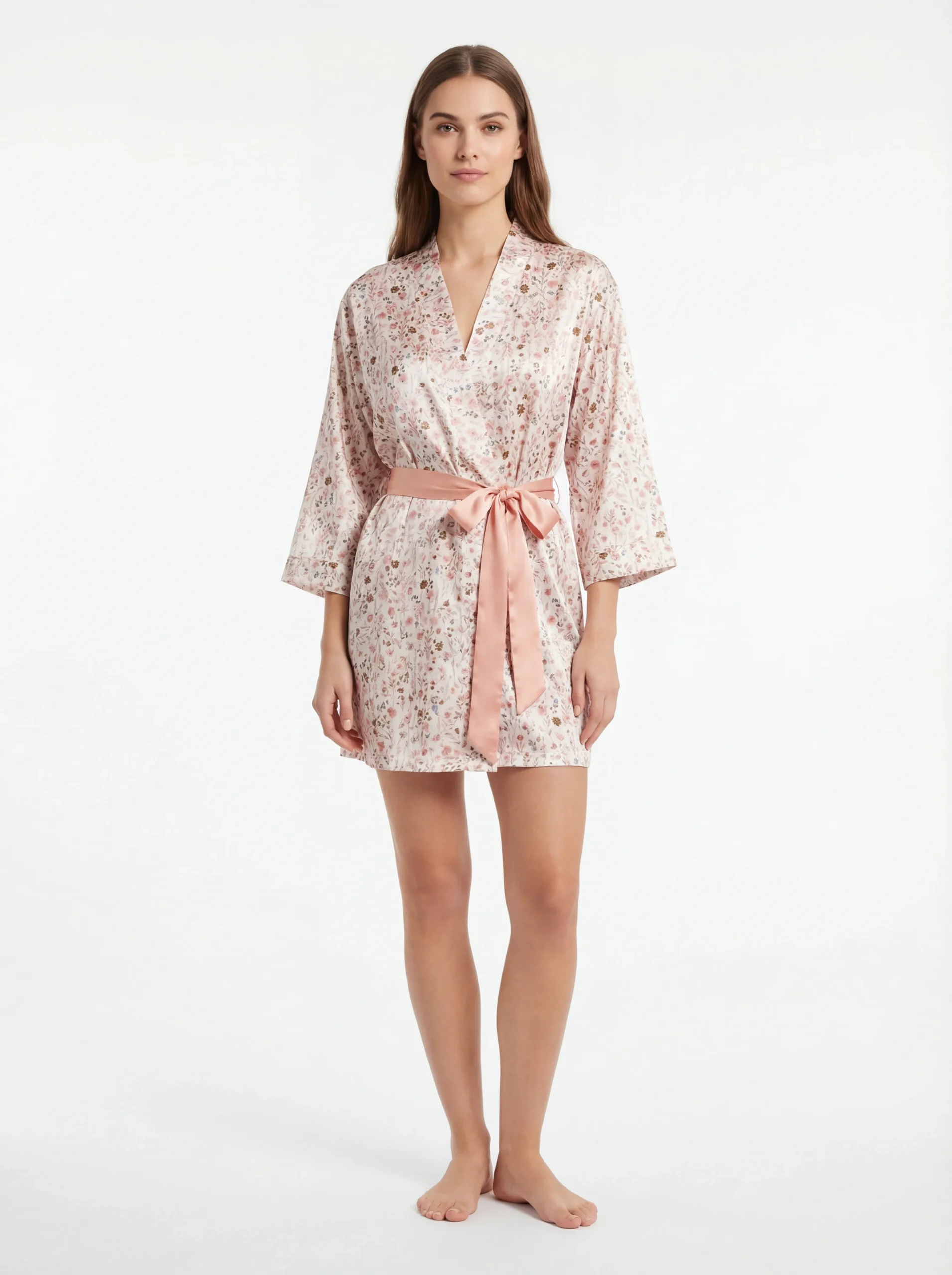 Floral Short Satin Robe with Belt